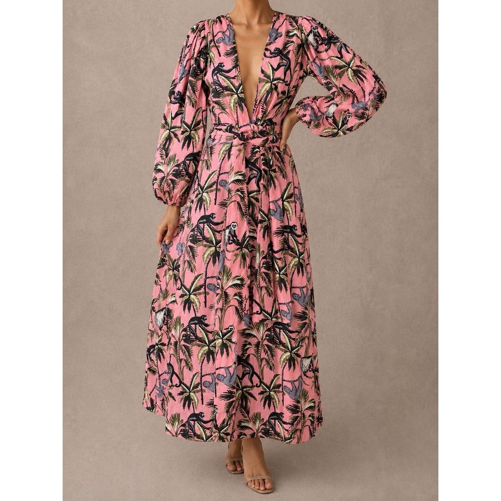 Guadalupe Luciana Jungle Dress Womens Small Pink Tropical Print Puff Sleeve Maxi